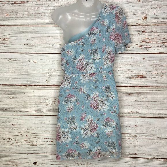 Lulus Way to Wow Dusty Blue Floral Print One Shoulder Faux-Wrap Dress Sz L - Picture 11 of 16